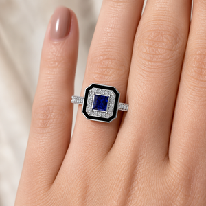 Bague Vintage Art Déco en Or avec Saphir Bleu Taille Émeraude, Halo de Diamants en Émail Noir, Sertissage à Griffes, Diamant de Laboratoire, OEM ODM Personnalisé - Product Image 3