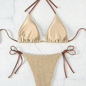 Ensemble bikini femme push-up smocké, haut triangle licou, bas à nouer sur le côté, imprimé animal, perles sur le devant, séchage rapide, sexy - Product Image 5