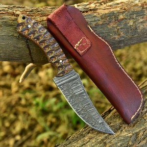 Cuchillo de Bushcraft EDC de Acero de Damasco Forjado a Mano, Mango de Madera Pakka, Espiga Completa, Cuchillo para Desollar con Funda de Cuero, OEM Personalizado - Product Image 3