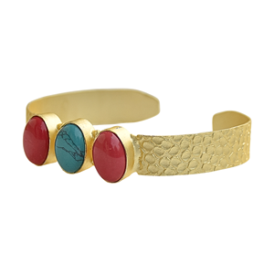 Gold Plated Cuff <b>Bracelet</b> With Coral and Turquoise Oval Stones Bohemia Style Unisex Jewelry Imitation stones - Product Image 3