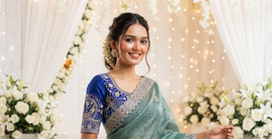 Sari en soie turquoise élégant avec broderie argentée et chemisier bleu pour les occasions de mariage, sari traditionnel pour femmes, longueur au sol - Product Image 4