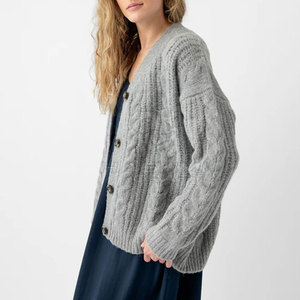 Cardigan gris en maille pour femme, col en V, manches longues, décontracté, automne, fermeture boutonnée, motif uni, longueur standard - Product Image 6
