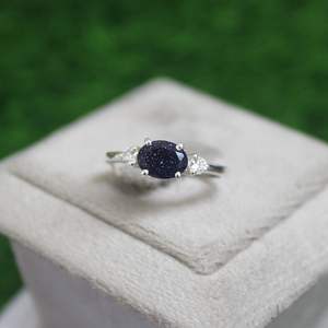Bague de promesse ovale en pierre de sable bleue, argent sterling 925, avec accent en zircon cubique, pour femme, cadeau de fiançailles, bijoux en gros - Product Image 1