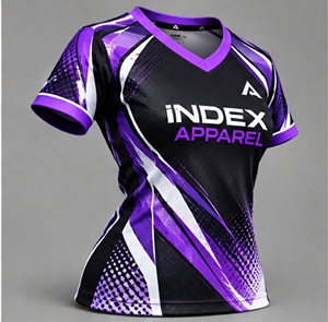 Camiseta de Fútbol Sublimada Negra y Morada para Mujer, Manga Corta, Ajustada, Absorbe la Humedad, para Todas las Temporadas, Marca INDEX APPAREL - Product Image 4