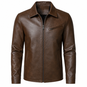 Men’s Premium Brown PU Leather <b>Jacket</b> with Turn Down Collar, Zip Front, Side Pockets and <b>Smart</b> Streetwear Style - Product Image 2