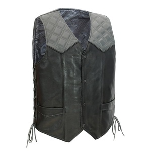 Gilet de motard en cuir véritable noir pour homme, style personnalisé, avec panneaux d'épaule matelassés, détails de lacets latéraux, prix bas - Product Image 1