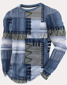 Men Blue Long Sleeve Casual <b>Shirt</b> <b>Patchwork</b> Print Breathable Knitted V-Neck Summer Wear Full Sleeve Fashion Top - Product Image 3