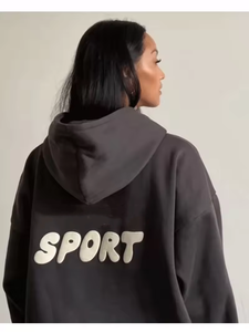 Sweat-shirt à capuche surdimensionné bleu pour femme avec manches bouffantes et imprimé lettres au dos, tricoté, manches longues, pour l'automne - Product Image 3