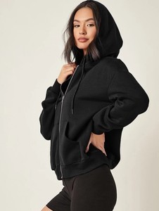 Women <b>Black</b> Oversized Fleece <b>Hoodie</b> <b>Zipper</b> Front Regular Sleeve Solid Color Casual Autumn Wear 100% Cotton Knitted Breathable - Product Image 1