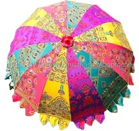 Parapluie droit en coton indien bohème du Rajasthan, fait main avec broderie, pour la plage et le jardin