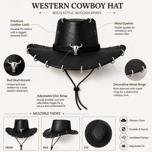 Chapeau de cowboy unisexe en cuir avec bande en corde, taille réglable 56-58 cm, chapeau décontracté pour l'extérieur, toutes saisons, pour adultes - Product Image 6
