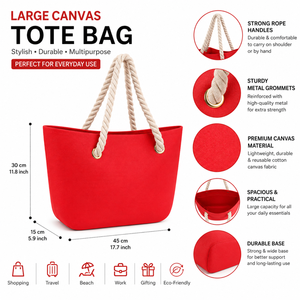 Premium Canvas Cotton Tote <b>Bag</b> with Rope Handles | Large Capacity Reusable Shopping <b>Beach</b> Travel Carry <b>Bag</b> Custom Logo Tote <b>Bag</b> - Product Image 5