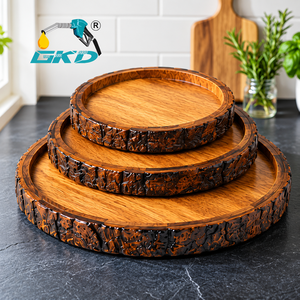 Ensemble de plateaux de service en bois de manguier CKD Wabi-Sabi, 3 plateaux faits à la main avec bord en écorce, design chinois traditionnel, décoration pour la maison et les fêtes - Product Image 1
