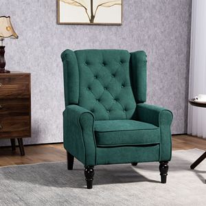 Poltrona con Schienale Alto Verde Scuro, Braccioli Rotondi Trapuntati con Bottoni, Gambe in Legno per Soggiorno - Product Image 2