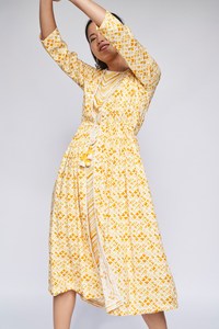 Vestido Midi Amarillo con Estampado Boho para Mujer, Manga Tres Cuartos, Cintura Alta, Corte A, Verano, Cómodo, Casual - Product Image 3