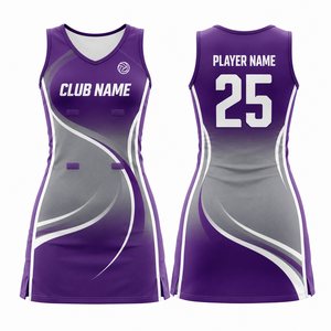 MEGAMAPLE Uniforme de netball sans manches personnalisé pour femmes, violet et gris, impression par sublimation, respirant, 100% polyester, fusion sans couture - Product Image 1