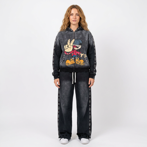 Men Mickey Mouse Printed Solid Split Hem Leopard Hooded Tracksuit Full Length Zipper Front Casual Loose Fit Autumn Wear - Product Image 5