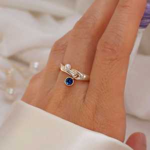 Pearl Sapphire Wave <b>Ring</b> 925 Sterling Silver 14K Gold Plated Adjustable <b>Dainty</b> <b>Ring</b> Gift For Her Jewelry - Product Image 2