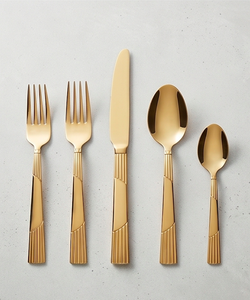 Ensemble de couverts modernes plaqués or avec design de poignée géométrique pour la vaisselle de mariage, compatibles lave-vaisselle, couverts en métal - Product Image 1
