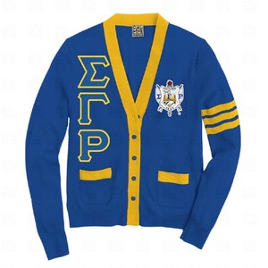 เสื้อคาร์ดิแกน Sigma Gamma Rho สีน้ำเงินเหลือง คอวี แขนยาว ปักโลโก้ มีกระเป๋า เสื้อถักนิตติ้งสำหรับชมรมนักศึกษา - Product Image 2