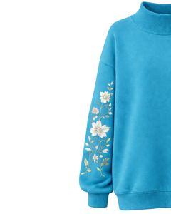 Sudadera Oversize de Forro Polar Azul Cielo para Mujer con Cuello Alto y Bordado Floral, Suéter Casual de Invierno de Algodón y Poliéster Cálido - Product Image 3