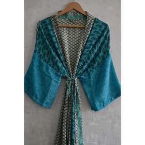 Kimono largo de seda con patchwork estilo bohemio para mujer, bata de noche relajada, ropa de descanso fluida - Product Image 3