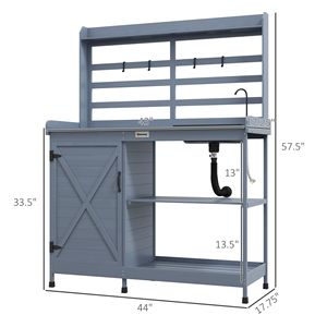 Comoda Stazione di Lavoro per Giardinaggio in Legno Grigio con Lavello e Rubinetto, Piano in Alluminio per Tavoli da Giardinaggio - Product Image 3
