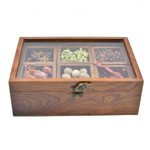 Wooden Spice Box 6 Compartment Seasoning Storage Bin with Glass Lid Lockable Drawer for Kitchen Counter - Product Image 1