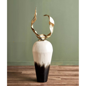 Vase de sol moderne en fer blanc et noir avec dessus doré, grande urne de sol, décoration d'entrée de mariage, porte-fleurs à effet bicolore en métal - Product Image 4