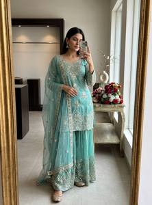 Women's Premium Embroidered Modern Salwar Kameez Sharara Dupatta Set Summer/Winter Wrinkle Free Designer Festive Party Wear - Product Image 3