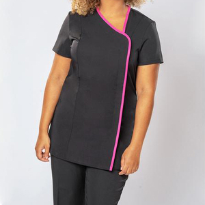 Unisex <b>Black</b> Short Sleeve Scrub Top with Blue Trim Breathable Cotton Spandex Uniform for Adults Custom Logo - Product Image 6