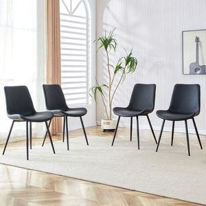 Chaise de salle à manger avec dossier en cuir artificiel noir, design incurvé et élargi confortable, avec pieds en métal noir - Product Image 1