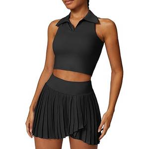 Women's 2-Piece Tennis Set Collared Halter Crop Top & Pleated Skort Built-In <b>Shorts</b> Pocket Breathable Athletic Wear Wholesale OE - Product Image 1