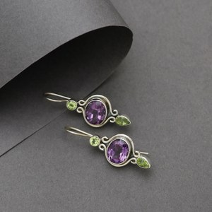 Nikhil Gems Amethyst Peridot Drop <b>Earrings</b> 925 Sterling Silver Platinum/Gold Plated Handmade Peace Design Fashionable Classic - Product Image 2