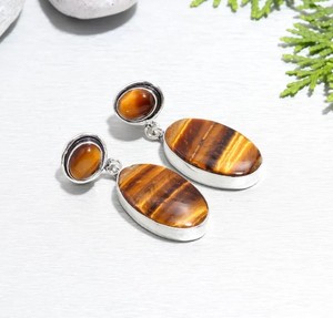 Pendientes de piedra natural ojo de tigre, chapados en plata de ley 925, joyería colgante para mujer - Product Image 3