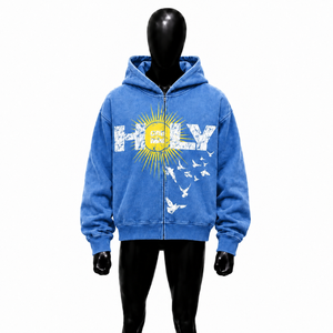 เสื้อฮู้ดซิปสีน้ำเงินลายกราฟิก Holy Sun ทรงโอเวอร์ไซส์ สไตล์สตรีทแวร์ ลายพิมพ์นกแบบดิสเทรส ซิปยาวเต็มตัว เสื้อฮู้ดลำลอง แฟชั่นยูนิเซ็กส์ - Product Image 1