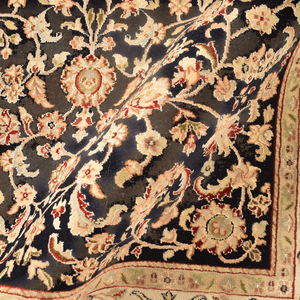 Tapis d'intérieur bleu marine à motifs floraux noué à la main, à poils ras, résistant aux taches, en laine de Nouvelle-Zélande - Product Image 3