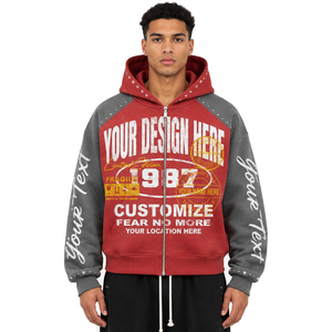 Sweat à capuche zippé personnalisable avec motif graphique, en molleton épais bicolore vintage 100% coton, style streetwear Y2K pour homme, haut orné - Product Image 1