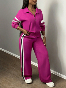 Ensemble de survêtement pour femme en coton délavé, veste zippée unie et pantalon de jogging, respirant, extensible, pour le sport et la gym - Product Image 6