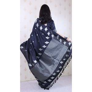 Sari de Seda Negra Suave con Doble Zari y Borde de Aves de Elite Weaves, Blusas y Camisas para Mujer, 650g - Product Image 3