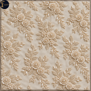 Tissu de robe brodé de perles d'ivoire avec des motifs floraux dimensionnels et des détails de perles en forme de feuilles |   Textile décoratif pour robes de mariée - Product Image 2
