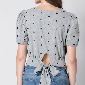 Women's Gray Polka Dot <b>Crop</b> <b>Top</b> With Puff Sleeves O-Neck Knitted Cotton Summer Casual Wear - Product Image 3