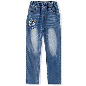 Girls Trendy Floral Embroidered Regular Fit Straight Leg Denim <b>Jeans</b> <b>Elastic</b> <b>Waist</b> Polyester/Cotton Vintage Style Full Length - Product Image 3