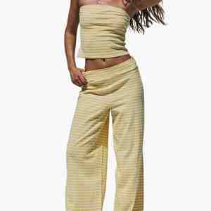 Women Striped Knitted Two Piece Set Sleeveless Top Full Length <b>Pants</b> Casual Spring Summer Loose Fit Breathable Cotton Spandex - Product Image 1