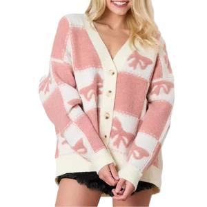 Cardigan long décontracté en maille pour femme avec col en V, boutons, imprimé nœud et blocs de couleur, respirant pour le printemps - Product Image 1