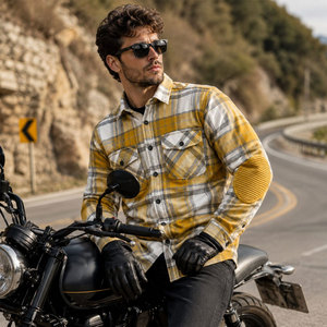 Men's Yellow Plaid Flannel <b>Shirt</b> Full Sleeve Workwear Style Casual <b>Shirt</b> with Arm Pads Turn-down Collar Autumn Wear - Product Image 6