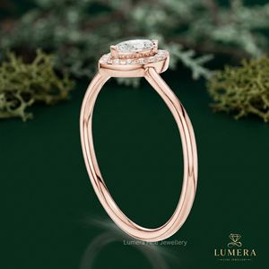 Anillo de compromiso con corte marquesa y halo, de oro macizo, minimalista, con diamante de laboratorio, apilable, para novia, regalo - Product Image 5