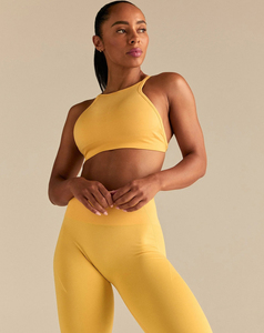 Lightweight Womens <b>Yellow</b> Seamless Halter Sports <b>Bra</b> Medium Support Yoga Fitness Top Breathable Quick Dry Solid Color Activewear - Product Image 1