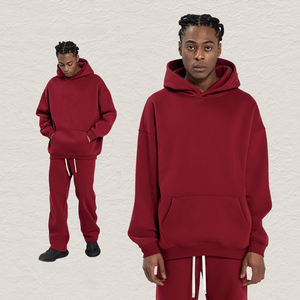 Survêtement rouge à capuche pour homme, manches longues, couleur unie, coupe décontractée, sweat-shirt en coton avec cordon de serrage et poches latérales - Product Image 1