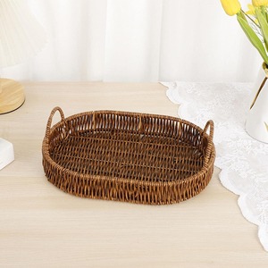 Handwoven Rattan Storage Basket Oval Woven Tray with Handles for Bread Fruit <b>Snacks</b> Home Display - Product Image 1